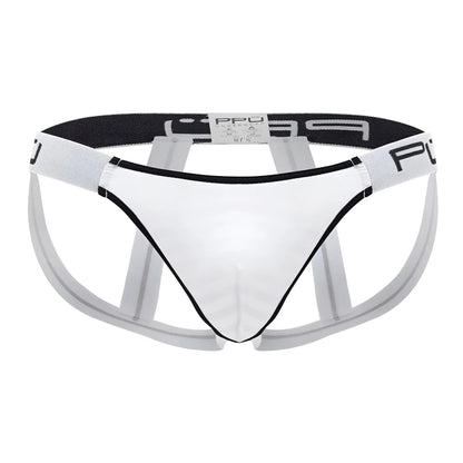 Clear transparent mens microfiber briefs with black trim and white elastic waistband featuring ppu logo in white