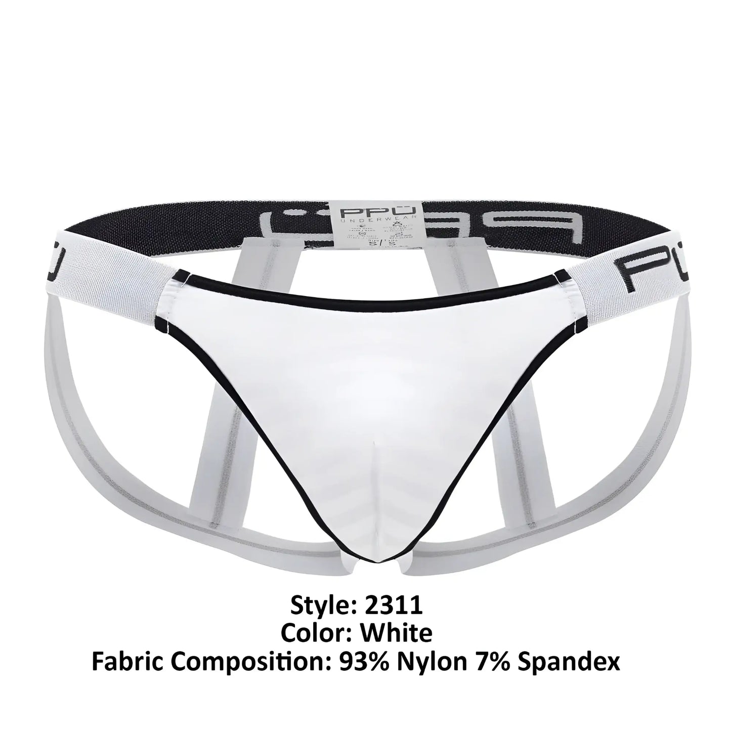 White microfiber men’s jockstrap ppu 2311 with black trim and supportive open-back design shown from the back