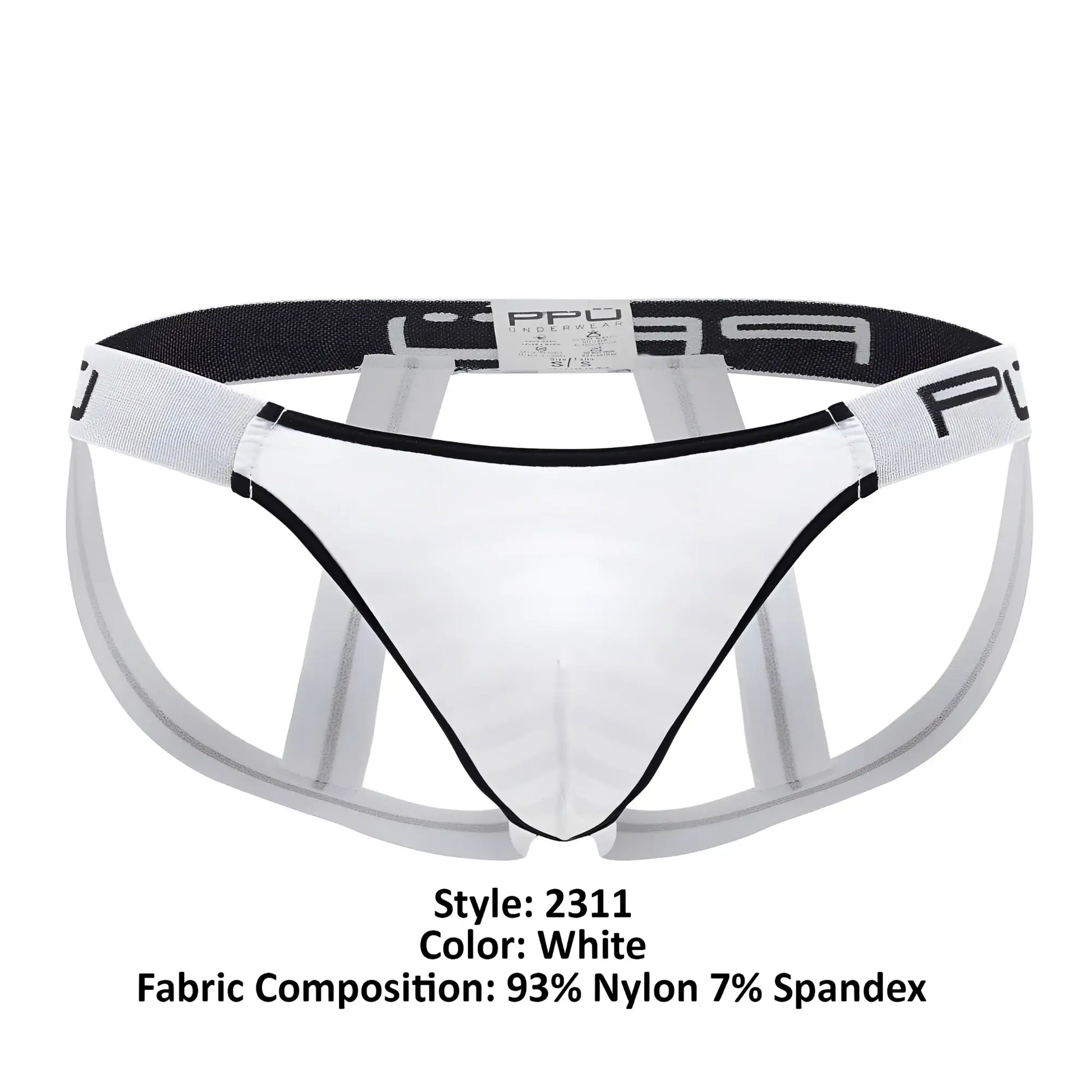 White microfiber men’s jockstrap ppu 2311 with black trim and supportive open-back design shown from the back