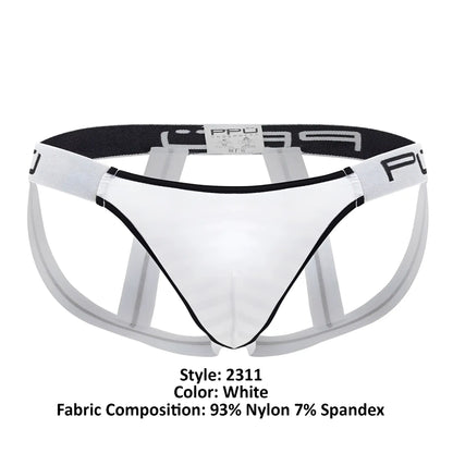 White microfiber men’s jockstrap ppu 2311 with black trim and supportive open-back design shown from the back