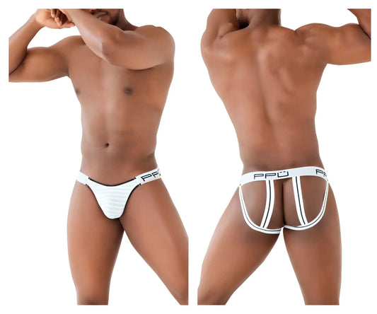 White ppj microfiber jockstrap briefs with black trim and supportive side straps ppu 2311 color white