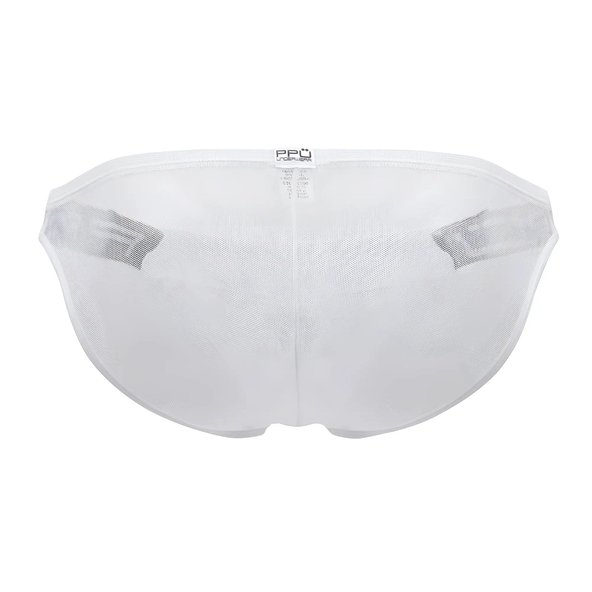 White mesh briefs with black elastic side bands and a small brand tag on the waistband ppu 2312 mesh bikini color white