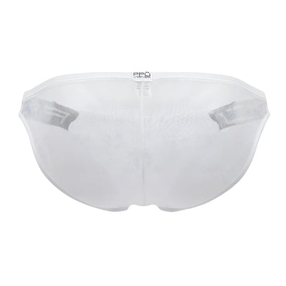 White mesh briefs with black elastic side bands and a small brand tag on the waistband ppu 2312 mesh bikini color white