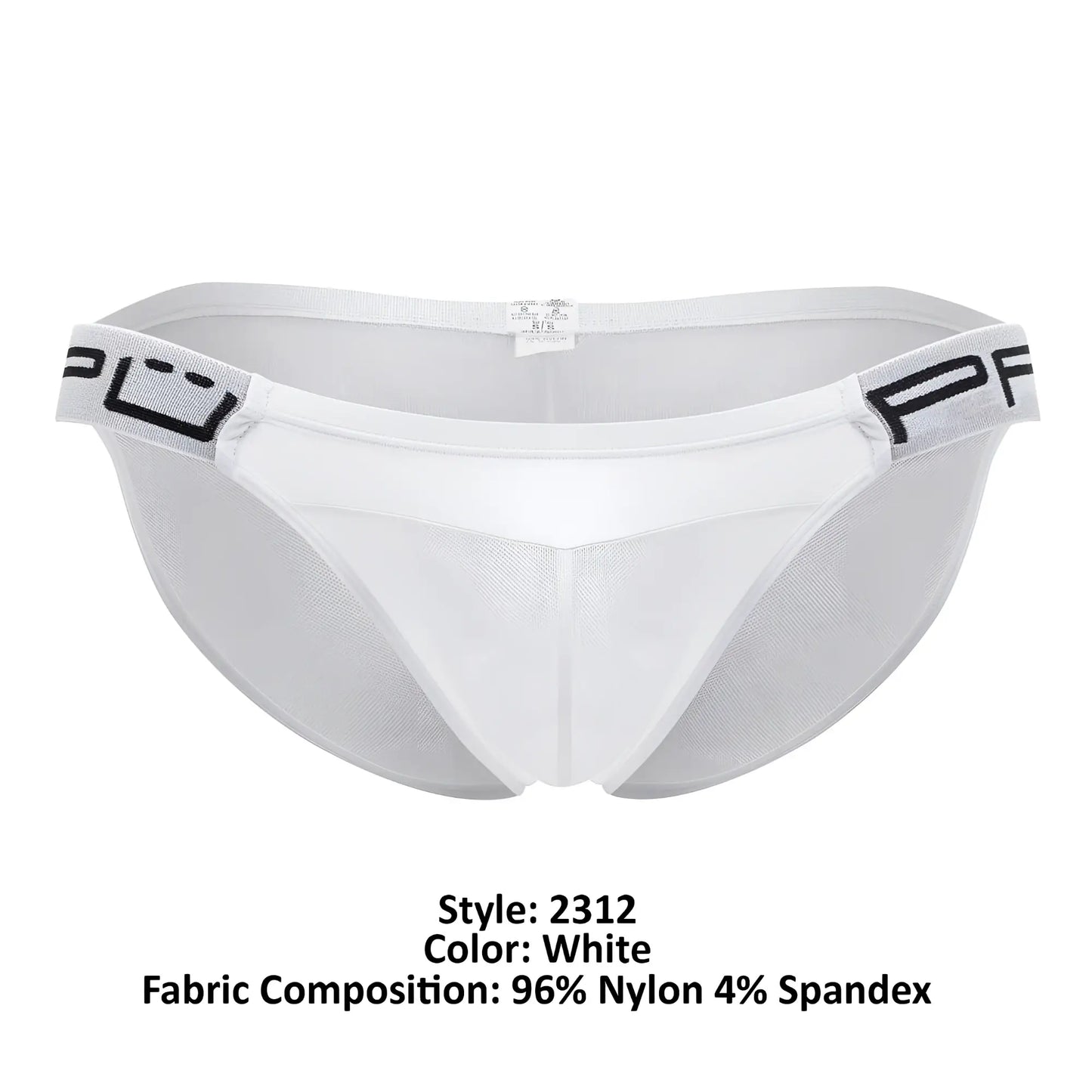 White mesh briefs with black logo waistband made from 96 nylon and 4 spandex ppu 2312 mesh bikini color white