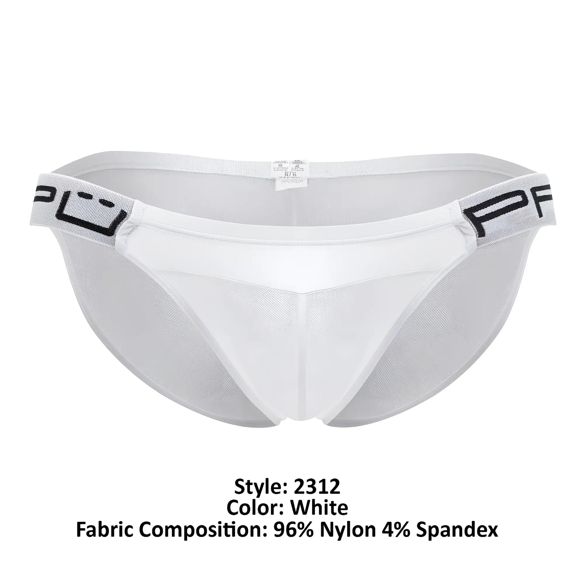 White mesh briefs with black logo waistband made from 96 nylon and 4 spandex ppu 2312 mesh bikini color white