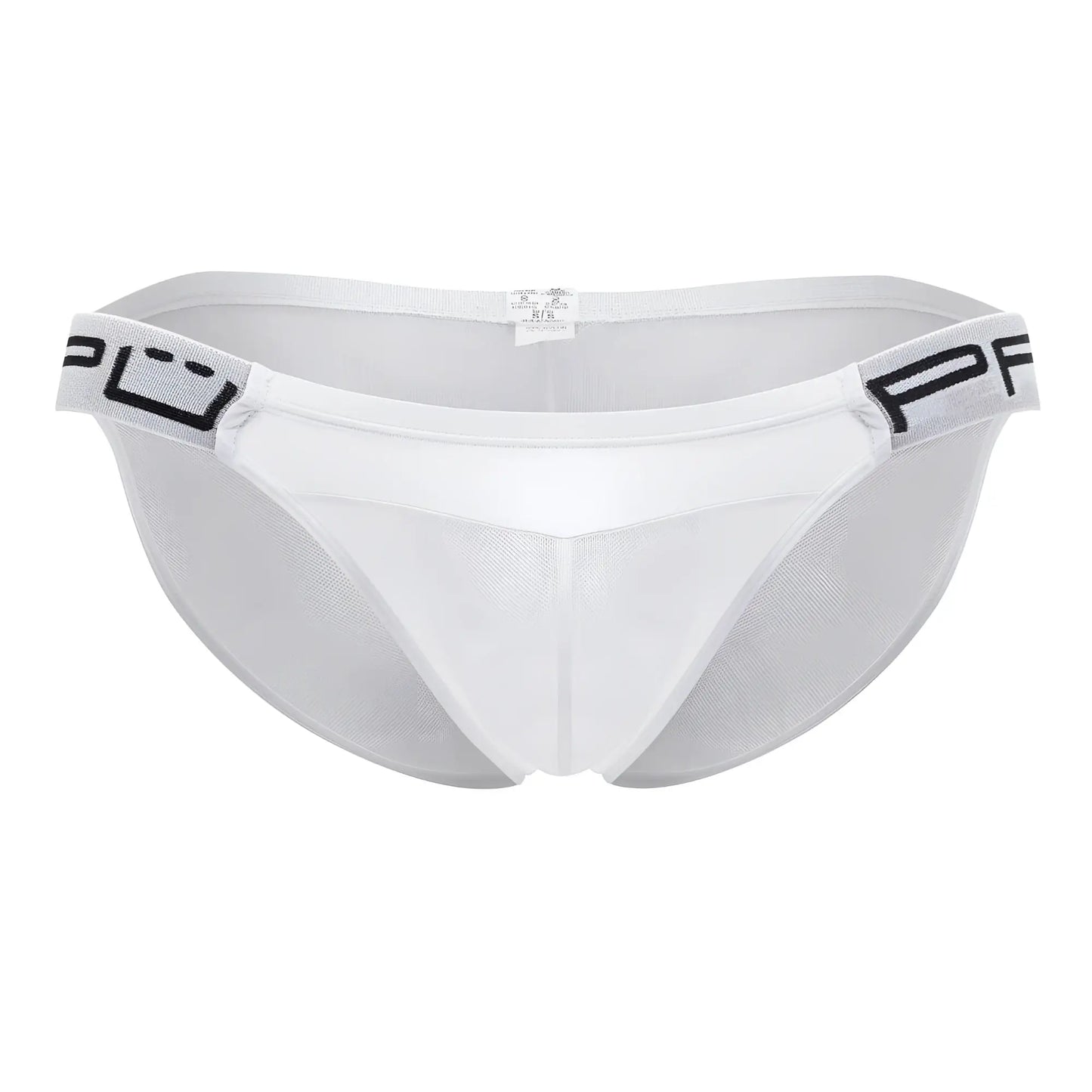 White mesh briefs with black logo trim on waistband ppu 2312 mesh bikini color white front view