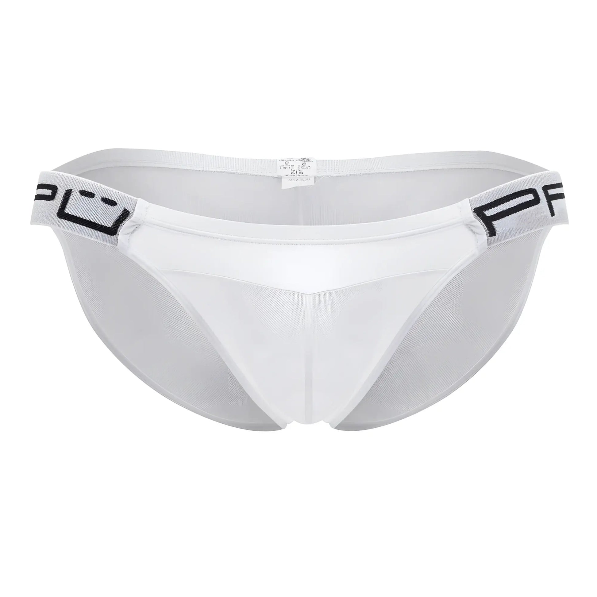White mesh briefs with black logo trim on waistband ppu 2312 mesh bikini color white front view