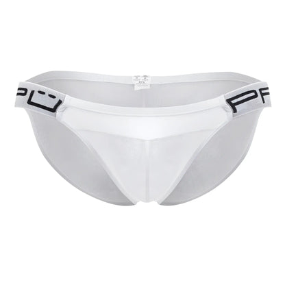 White mesh briefs with black logo trim on waistband ppu 2312 mesh bikini color white front view