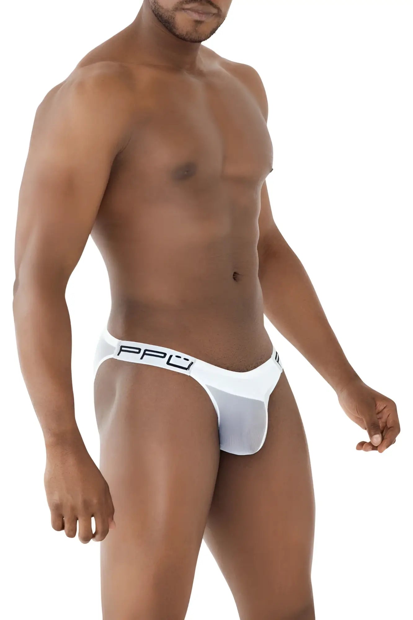 White ppu 2312 mesh bikini briefs with black ppo logo on waistband in breathable mesh material