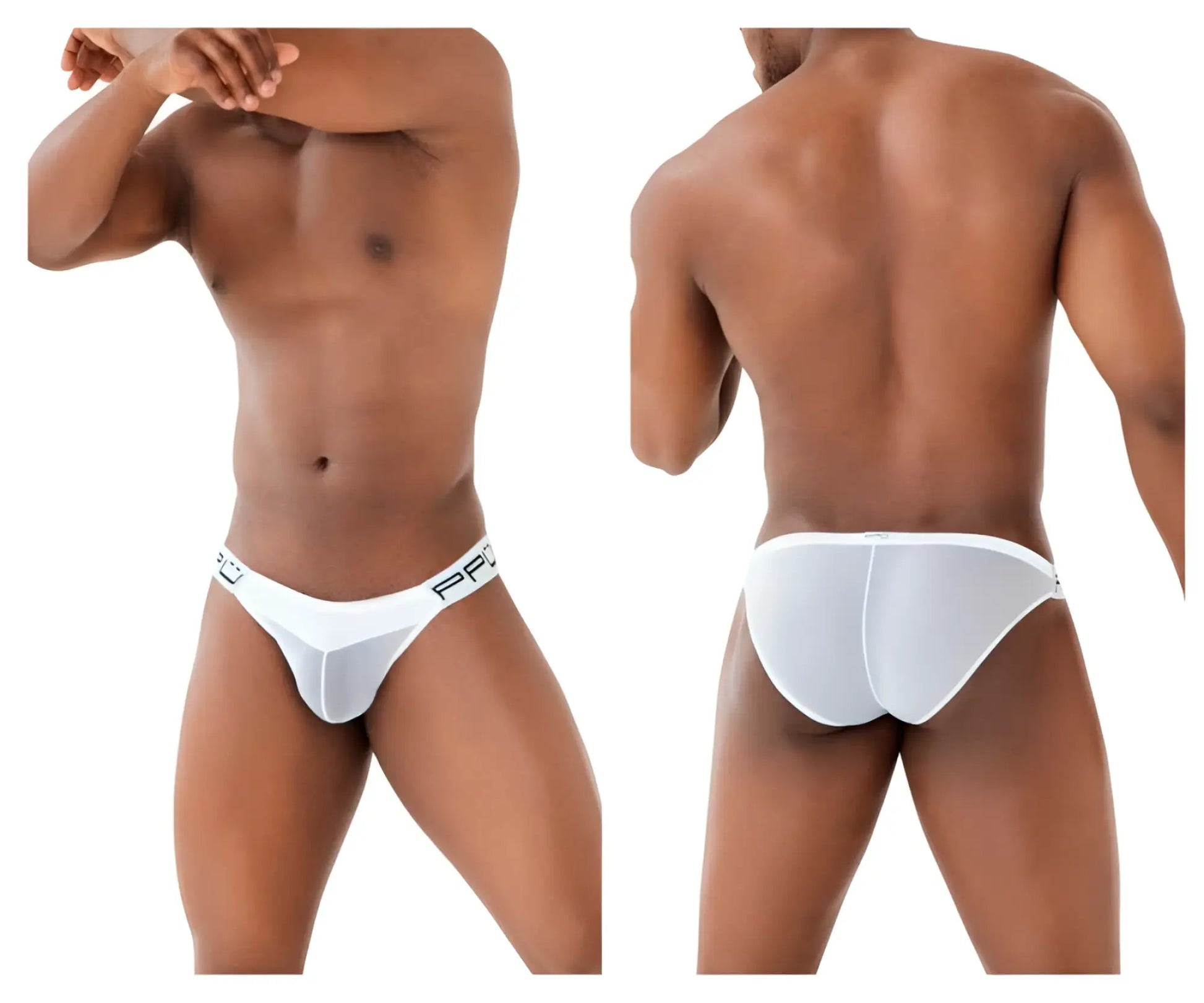 White ppu 2312 mesh bikini briefs with snug fit elastic waistband and brand logo in white color