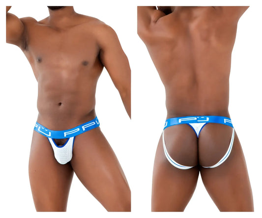 Ppu 2313 peek-a-boo jockstrap white athletic briefs with blue accents and bold branded waistband front view