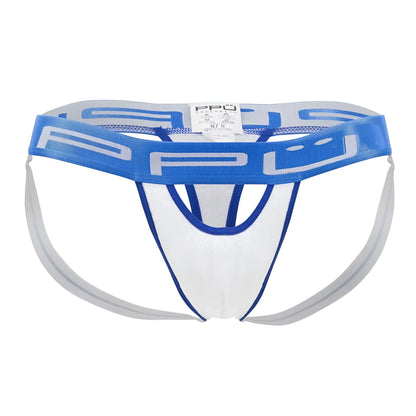 White and blue ppu 2313 peek-a-boo jockstrap with mesh design and branded waistband in white color