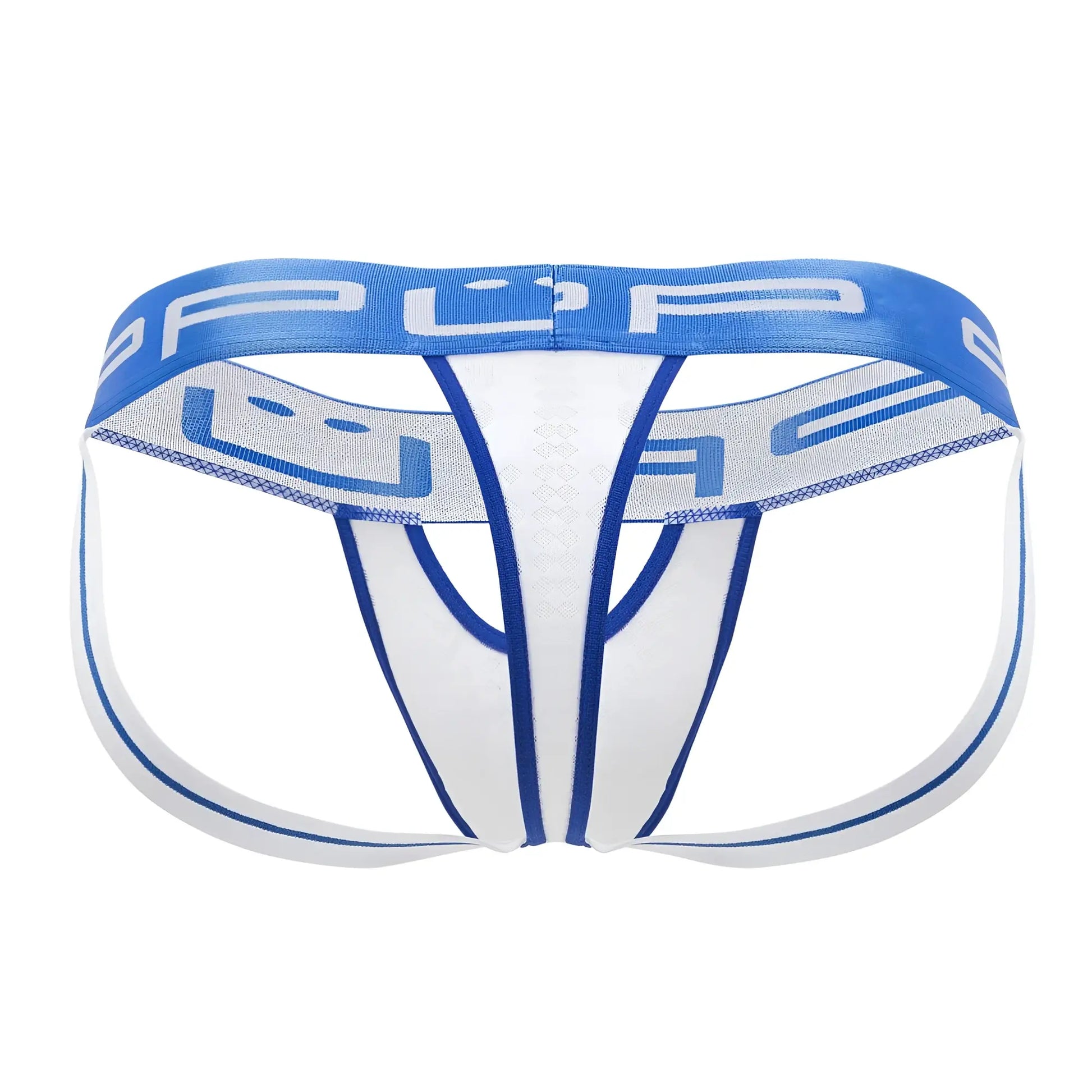 White and blue PPU 2313 peek-a-boo jockstrap briefs with mesh panel and brand logo in athletic style