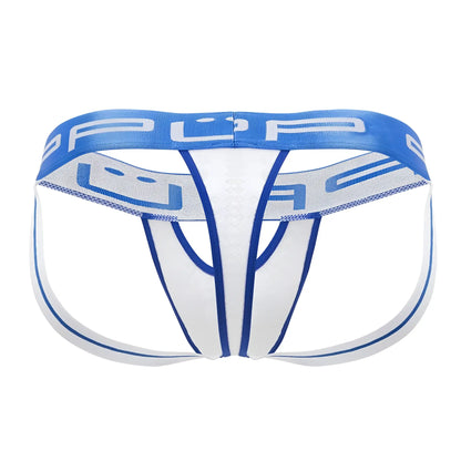 White and blue PPU 2313 peek-a-boo jockstrap briefs with mesh panel and brand logo in athletic style