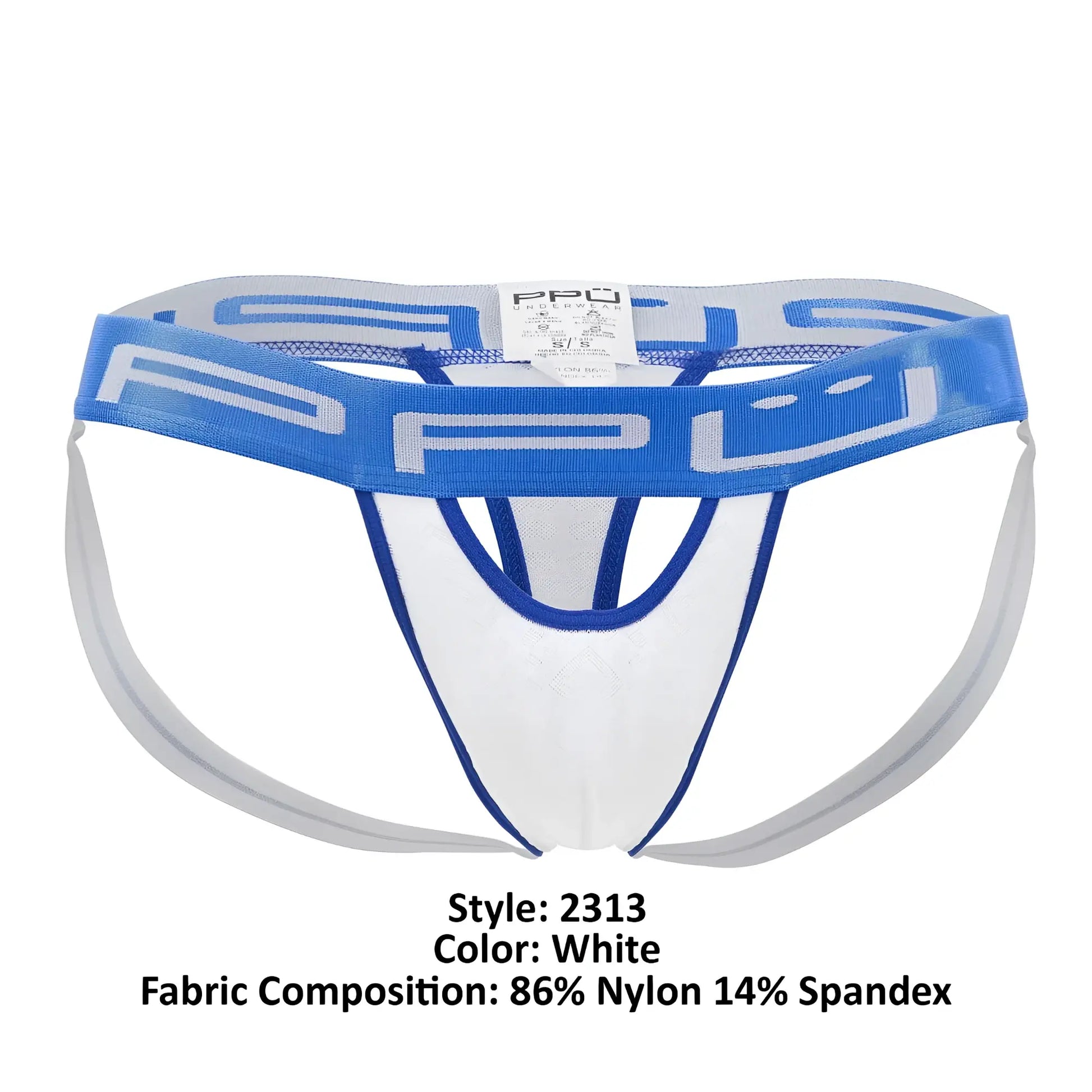 White and blue athletic style briefs with mesh waistband featuring ppu logo from ppu 2313 peek a boo jockstrap color white