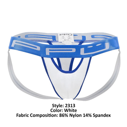White and blue athletic style briefs with mesh waistband featuring ppu logo from ppu 2313 peek a boo jockstrap color white
