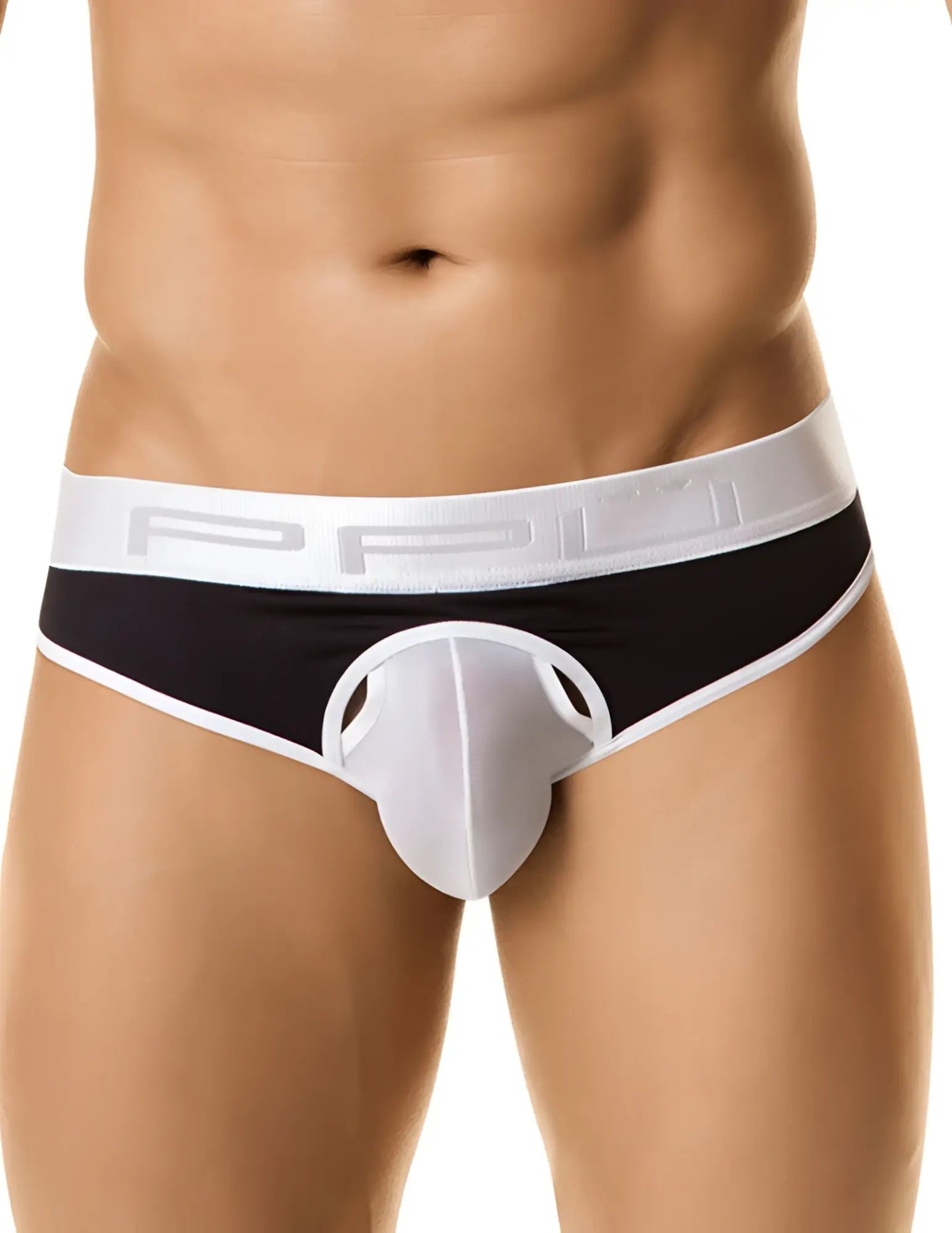 Black and white ppu brute jock strap underwear with transparent front panel and ppi logo waistband size l