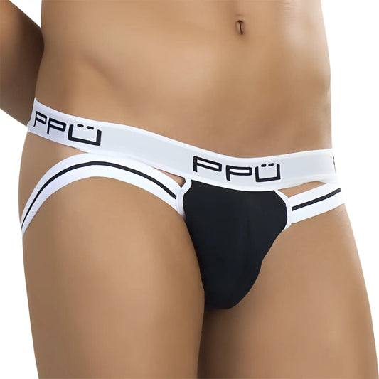 Ppu cut out stripe jock strap underwear in white and black with a cut-out design size m shown from the back