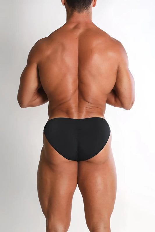 Black premium modal scrunch-back briefs showing the back side with a form-fitting design and soft fabric
