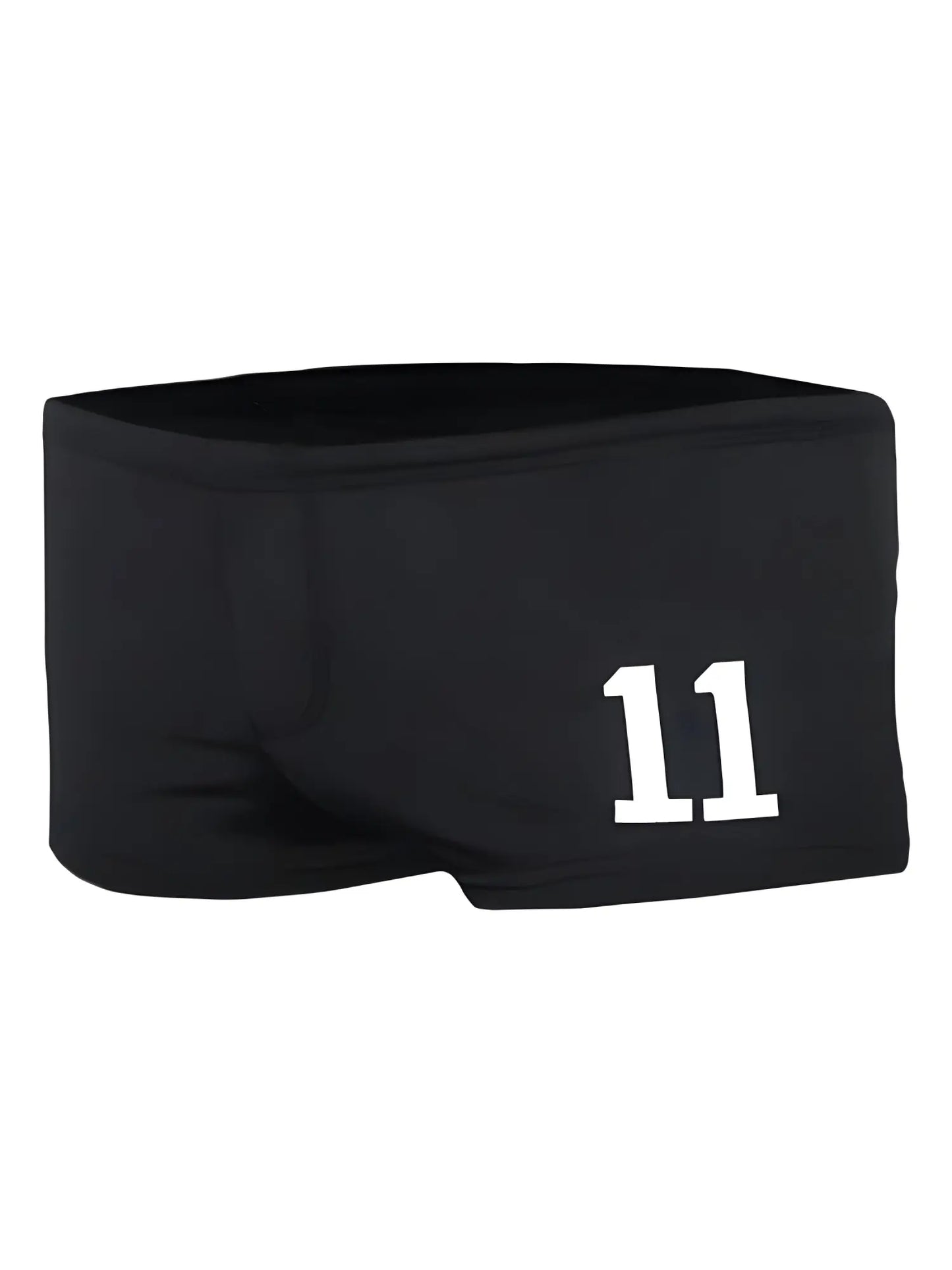 Black swim trunks pride 11 brief with bold white 11 printed on the side designed for swimming and beachwear