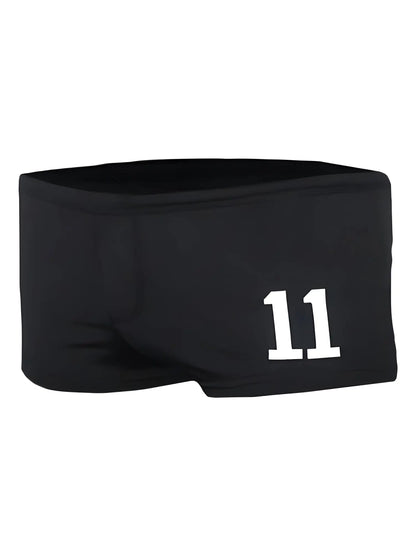 Black swim trunks pride 11 brief with bold white 11 printed on the side designed for swimming and beachwear