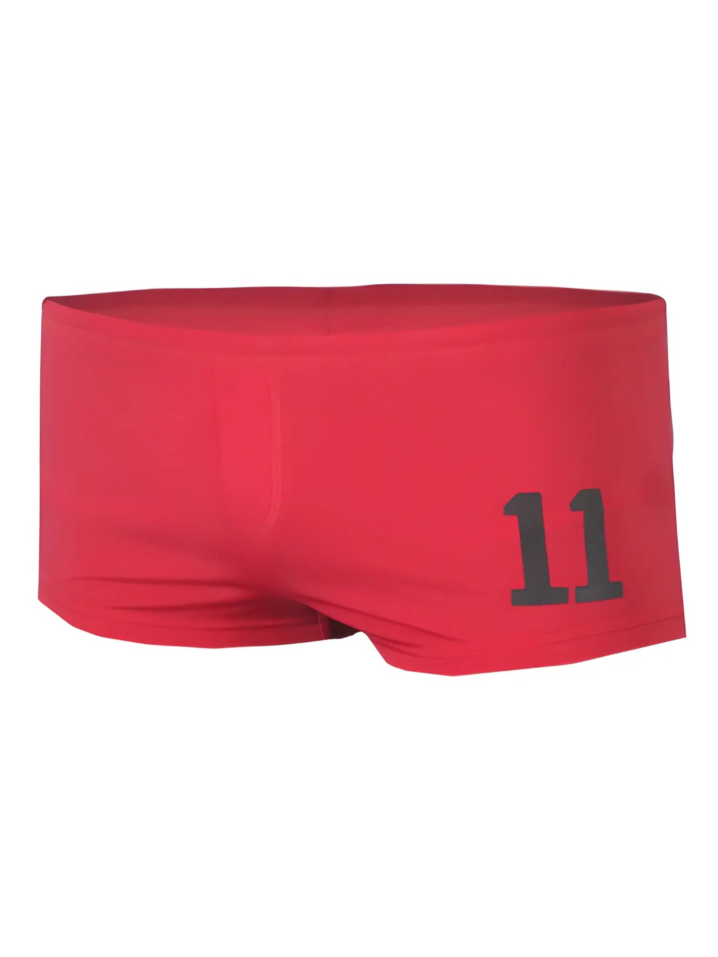 Red pride 11 brief swim trunks with black number 11 printed on the side for beach and pool use