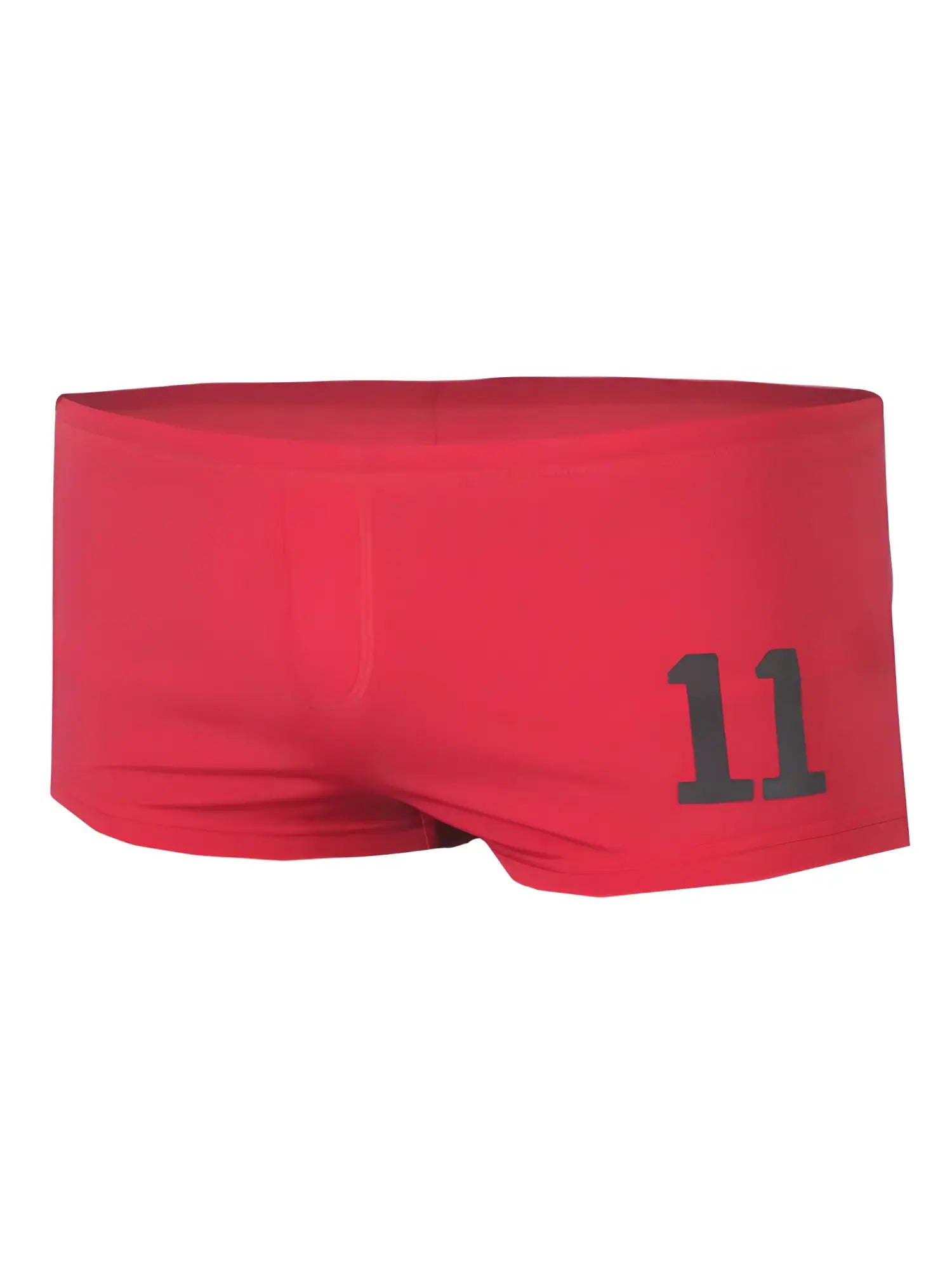 Red pride 11 brief swim trunks with black number 11 printed on the side for beach and pool use