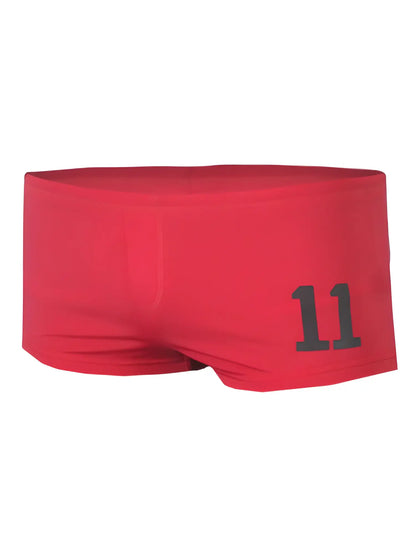 Red pride 11 brief swim trunks with black number 11 printed on the side for beach and pool use