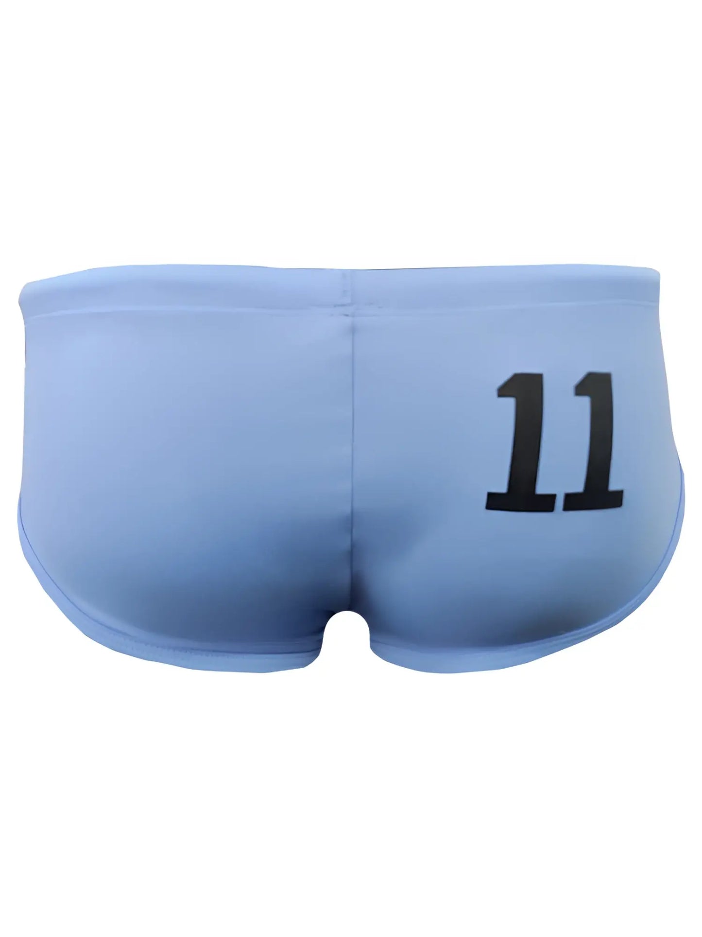 Light blue pride 11 swim brief backside with black number 11 printed on quick-dry swim trunks