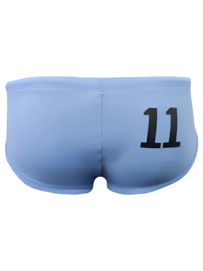 Light blue pride 11 swim brief backside with black number 11 printed on quick-dry swim trunks