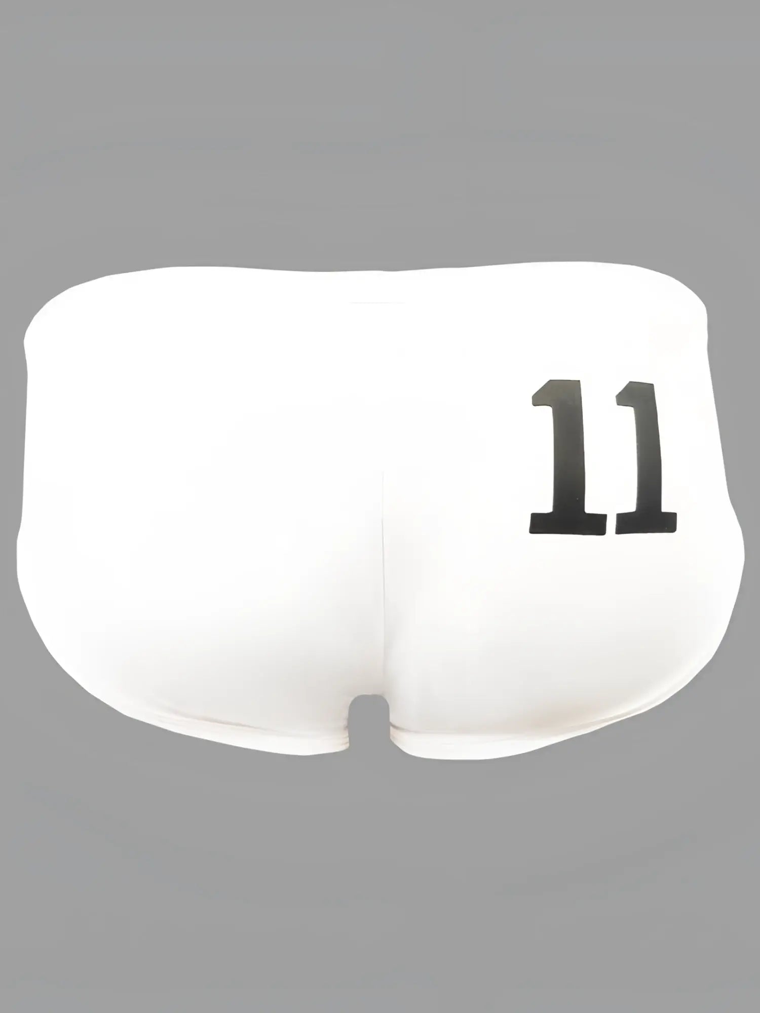 White swim briefs showing the back with black 11 printed on the fabric in pride 11 swim brief design