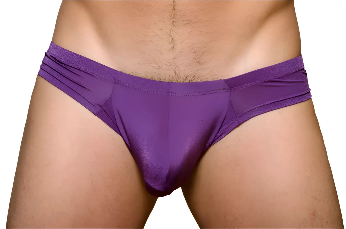 Purple satin pride cheeky metro brief with plus pouch featuring a smooth glossy finish and contoured design