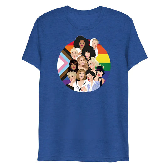 Blue heathered pride divas t-shirt featuring a circular graphic of diverse drag queens with rainbow pride flag background