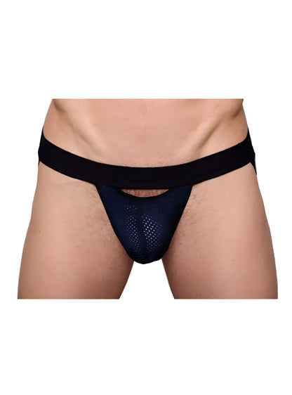 Black mesh briefs with a solid black waistband featured as the front view in the pride drop jockstrap product line