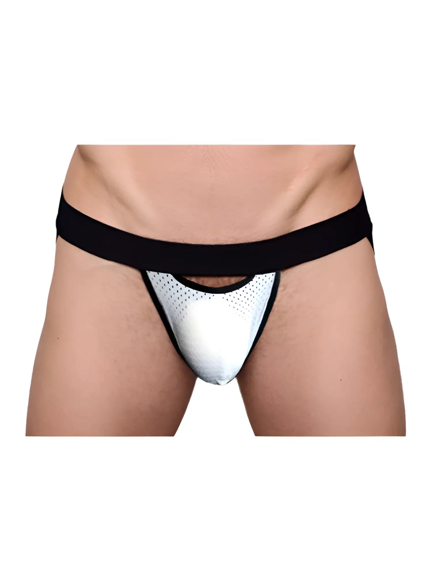 Black and white mesh pride drop jockstrap briefs with solid black waistband front view