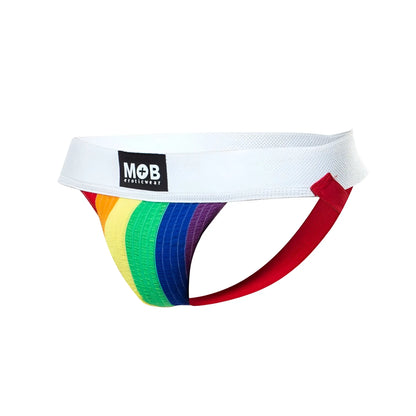 Rainbow-striped pride flag colors jockstrap with white waistband and mob eroticwear logo for athletic wear