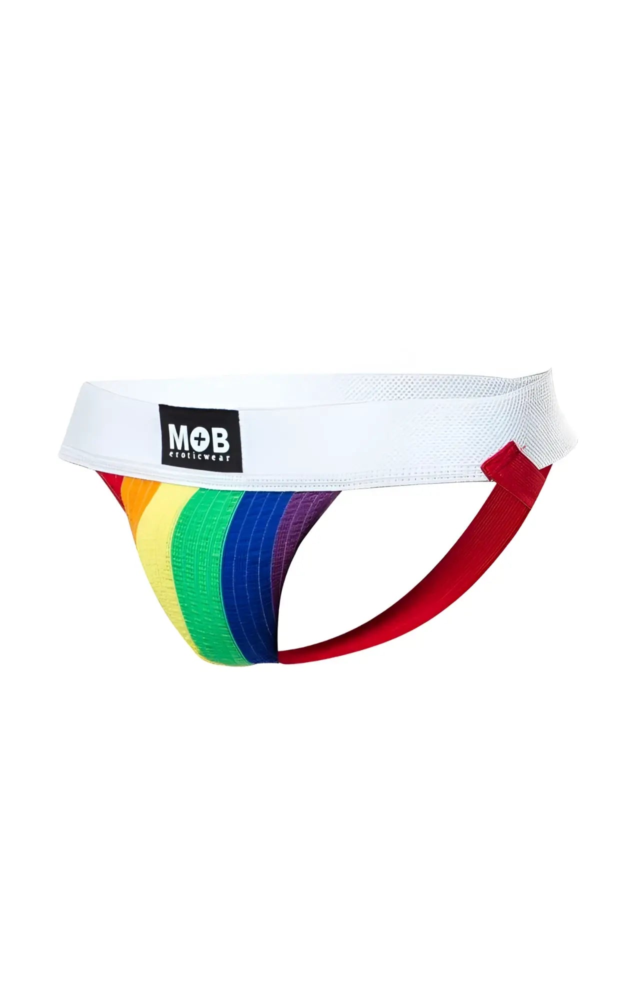 Pride flag colors jockstrap with rainbow-striped briefs red side panels white waistband featuring mob underwear logo