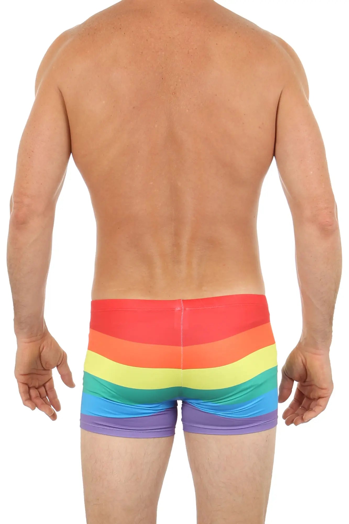 Pride hot short men’s swim trunks featuring vibrant rainbow-striped horizontal bands in red orange yellow green blue purple