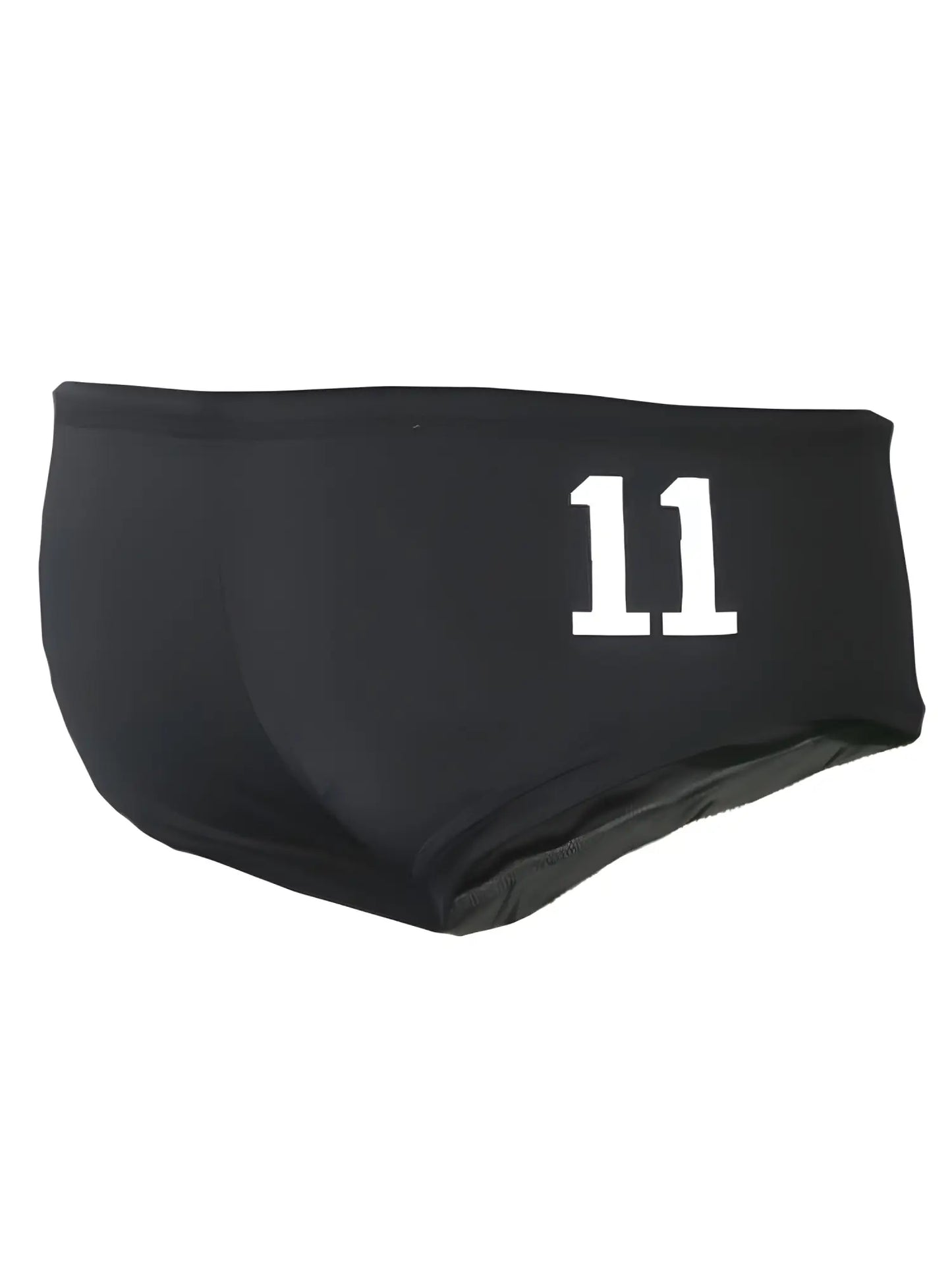 Black pride justin brief swim trunks with white number 11 printed on the front for athletic use