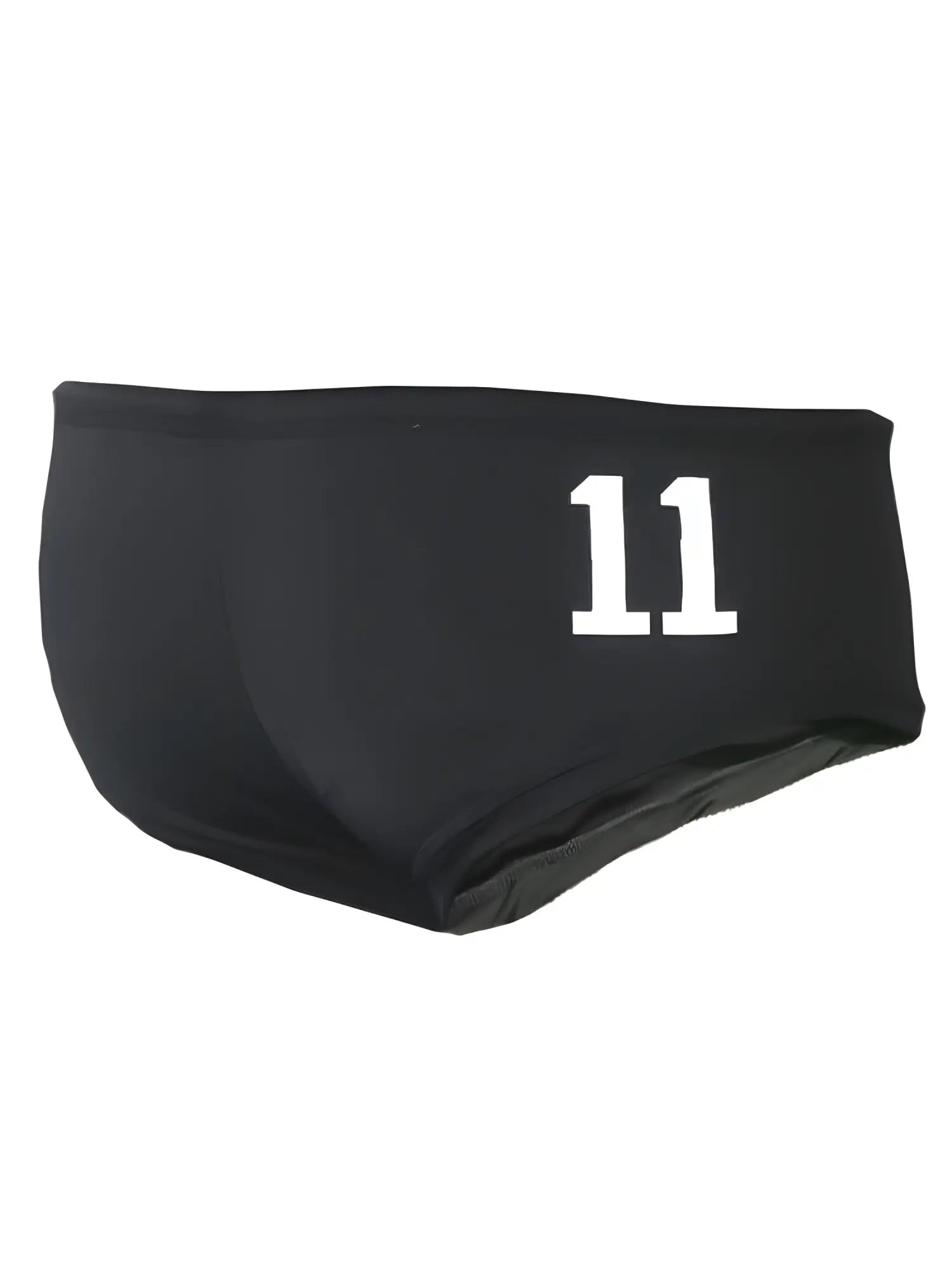 Black pride justin brief swim trunks with white number 11 printed on the front for athletic use