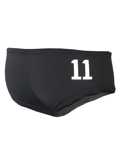 Black pride justin brief swim trunks with white number 11 printed on the front for athletic use