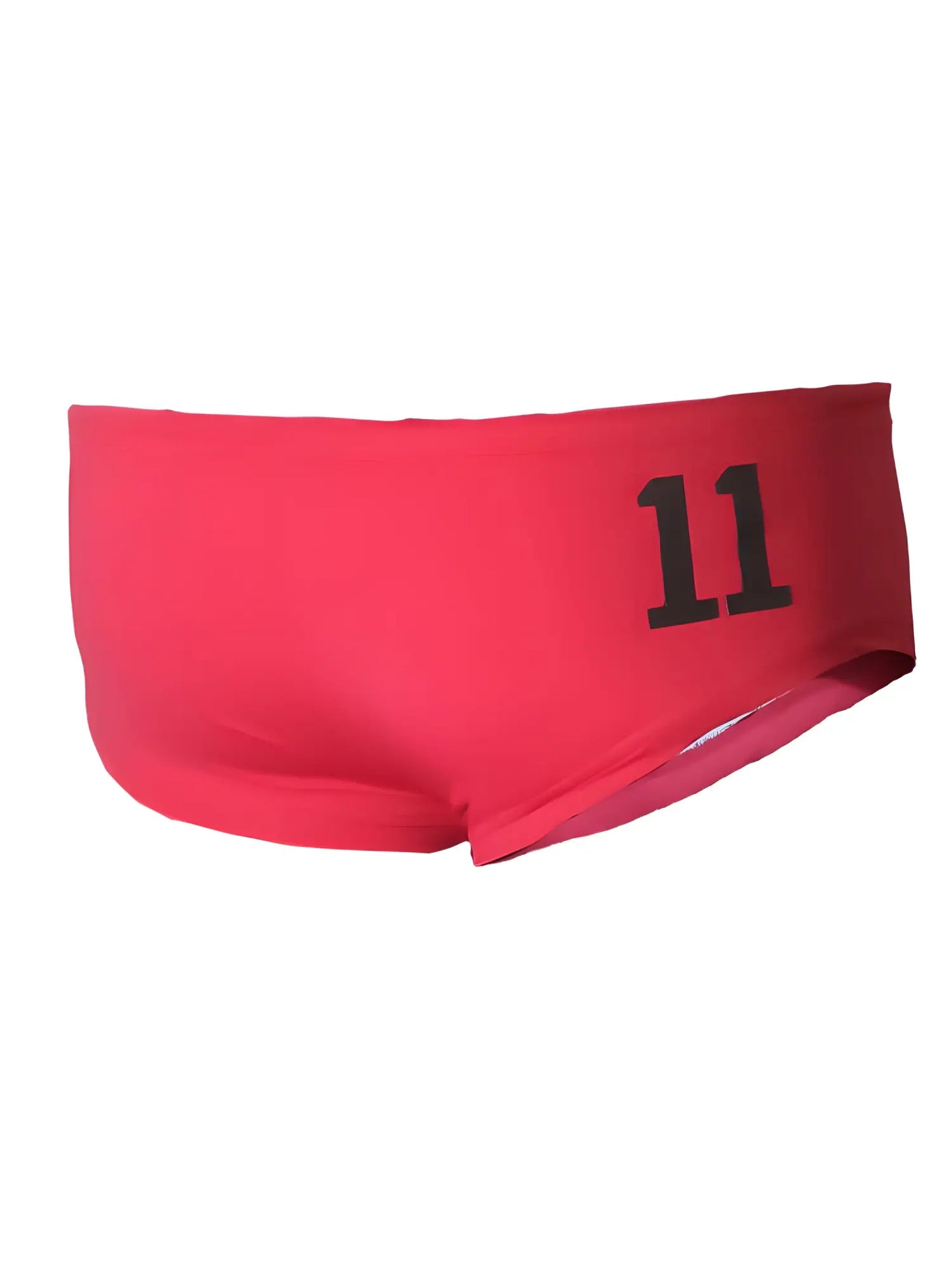 Bright red pride Justin brief swim trunks with bold black number 11 printed on the side for active wear