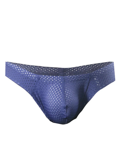 Pride mesh bunz brief in blue mesh with subtle white polka dot pattern and plus pouch for added support