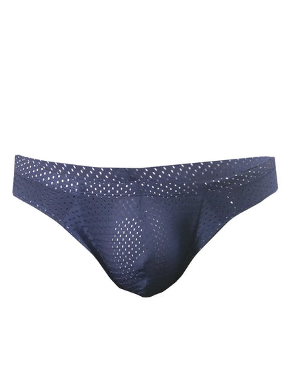Dark blue pride mesh bunz brief with subtle white dot pattern plus pouch made of breathable mesh material