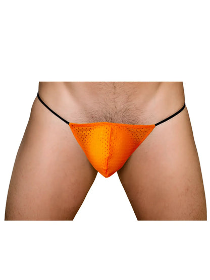 Bright orange pride mesh g-string thong with black elastic waistband made from breathable mesh material