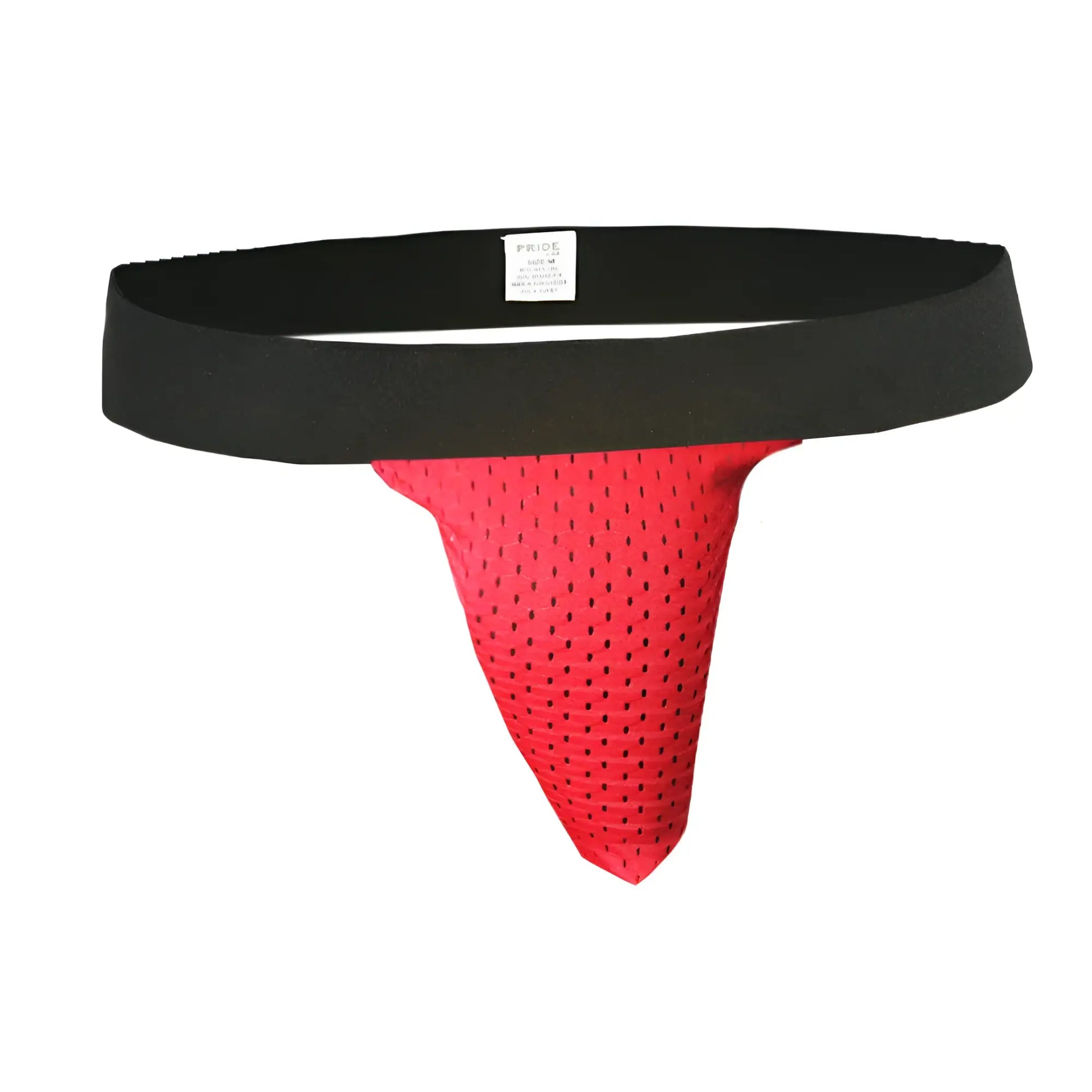 Red mesh athletic supporter with black elastic waistband designed for breathable comfort and support