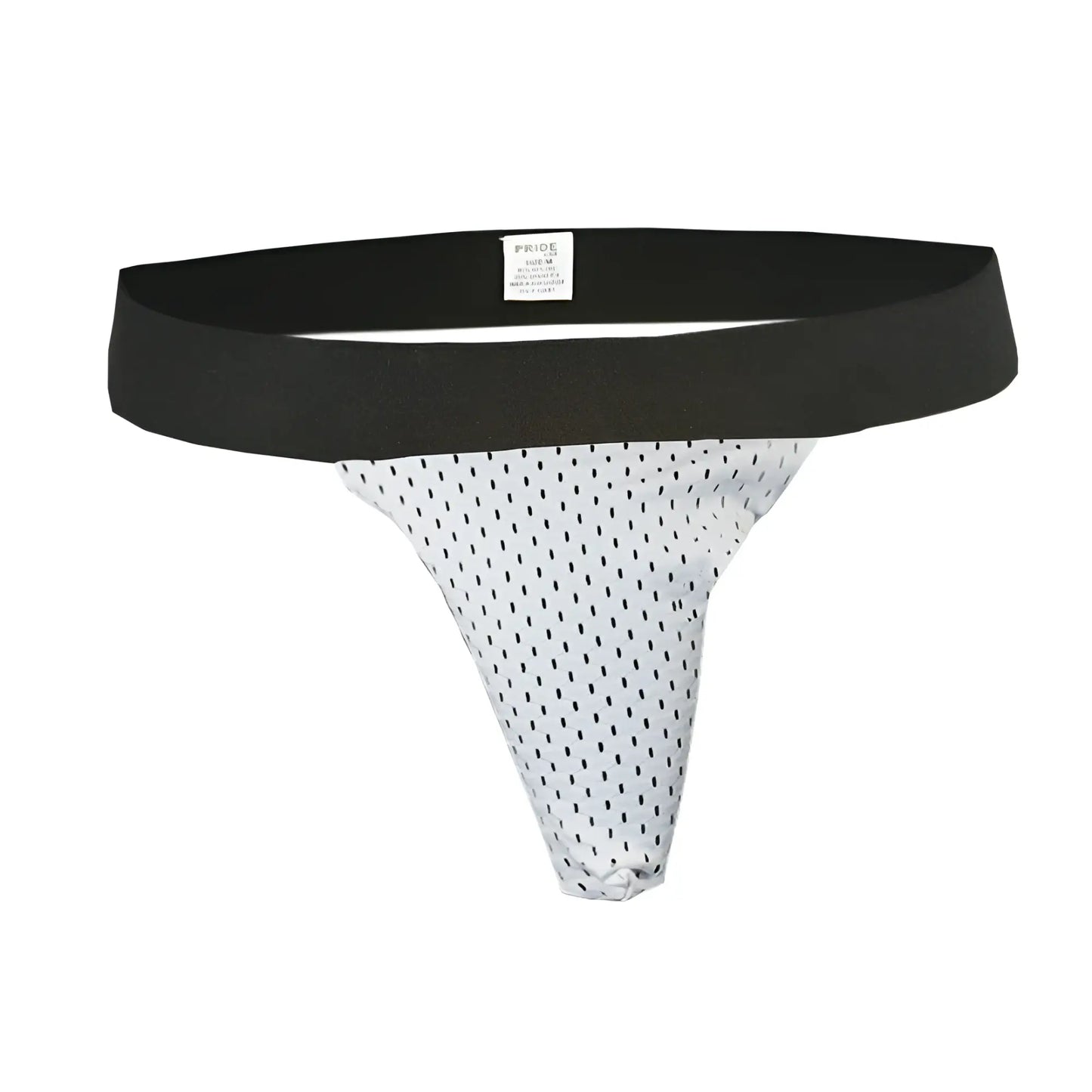 Pride mesh sock featuring white mesh material with black polka dots and a solid black waistband