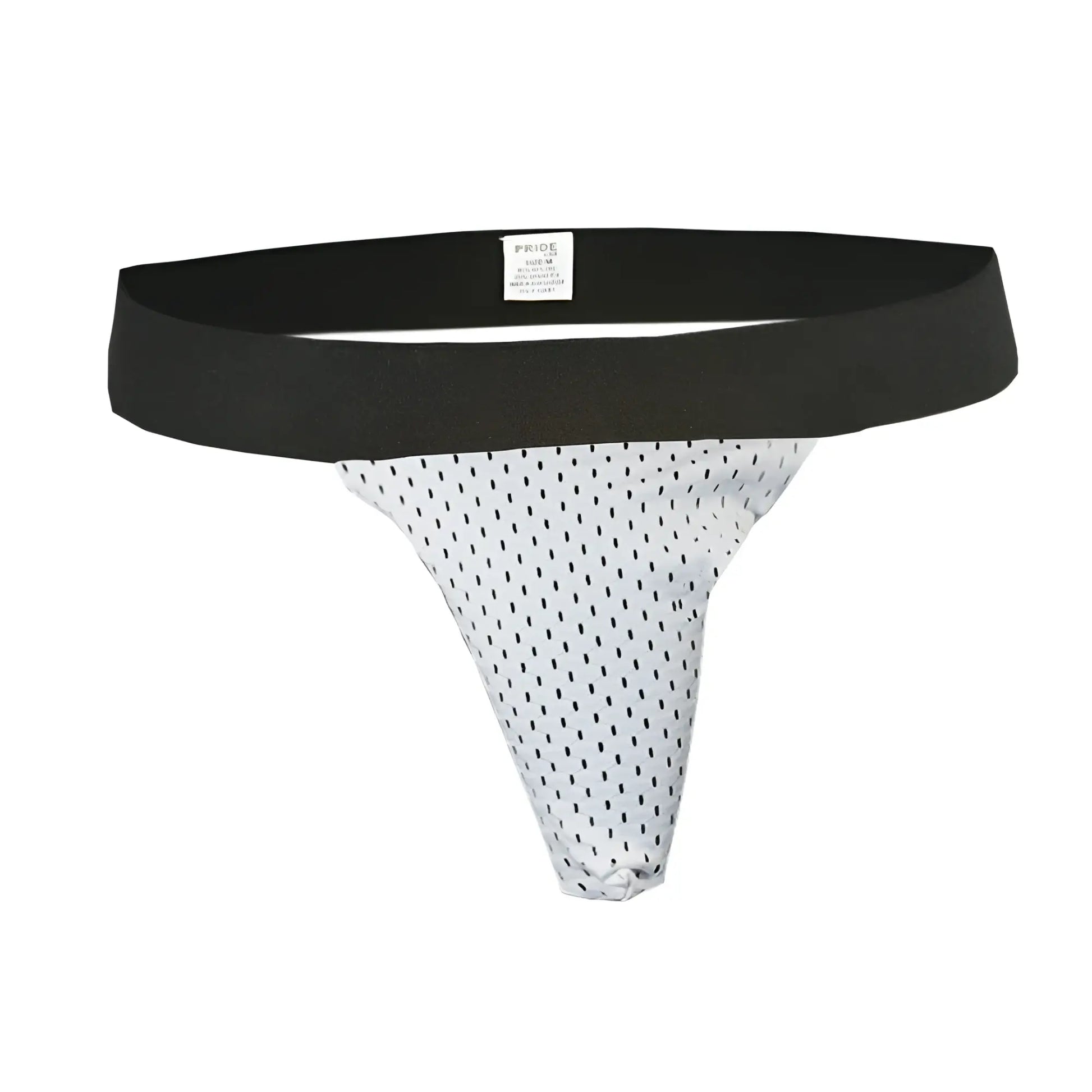 Pride mesh sock featuring white mesh material with black polka dots and a solid black waistband