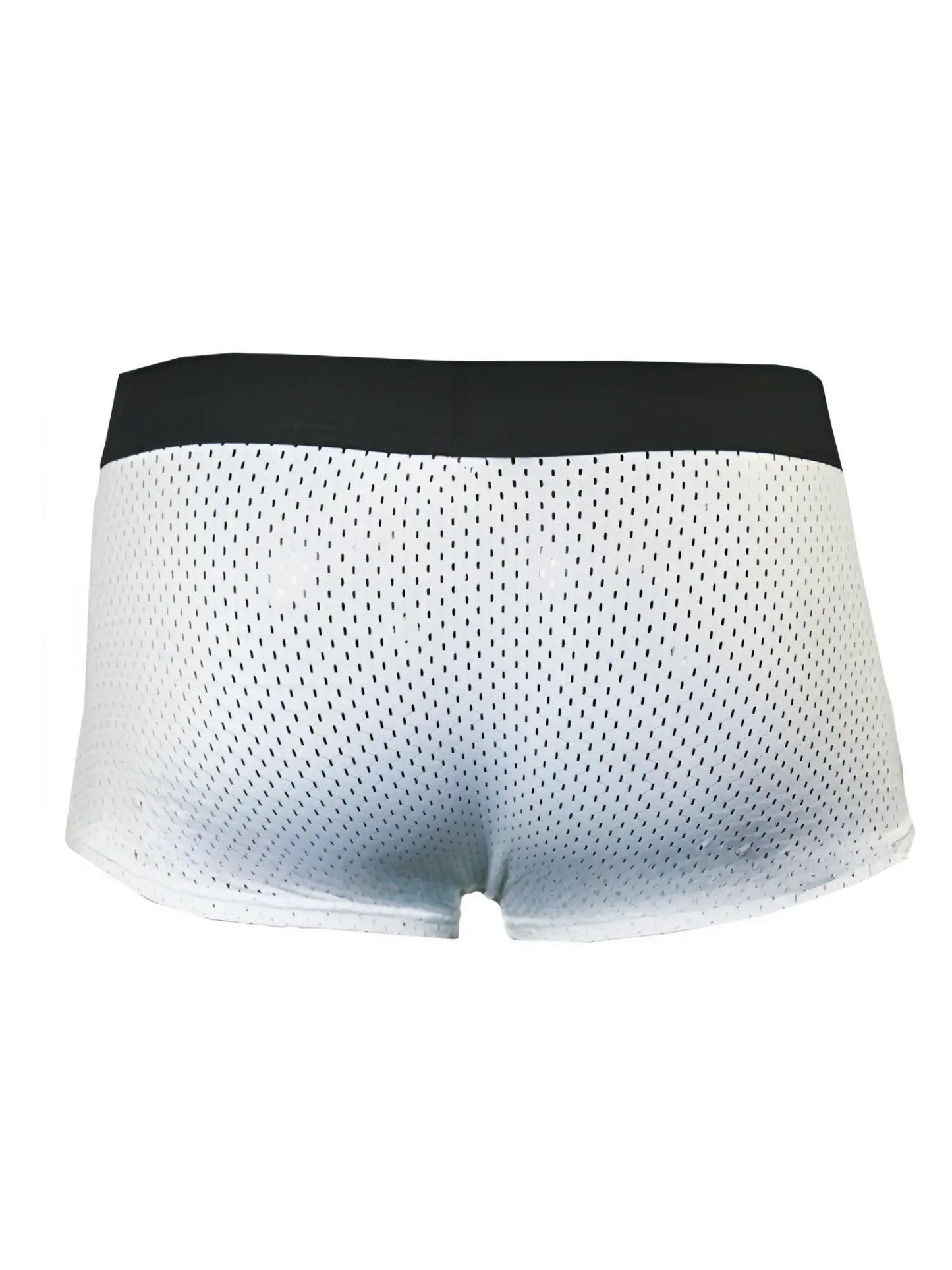White pride mesh trunk briefs featuring black waistband and breathable mesh material for comfort and support