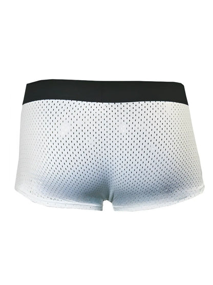 White pride mesh trunk briefs featuring black waistband and breathable mesh material for comfort and support